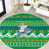 Comoros Christmas Round Carpet with Santa Riding Dolphin Ocean Waves Crescent Moon and Tribal Pattern - Wonder Print Shop