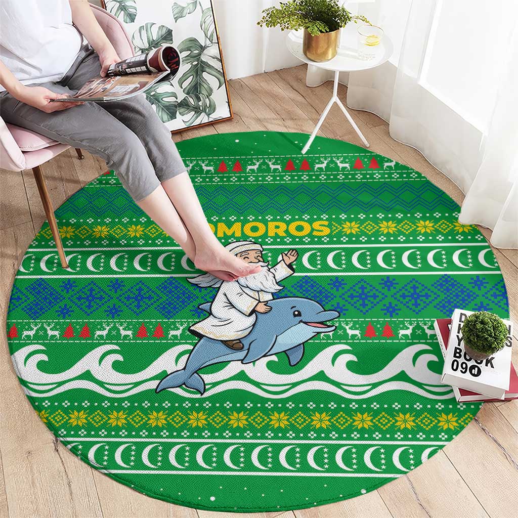 Comoros Christmas Round Carpet with Santa Riding Dolphin Ocean Waves Crescent Moon and Tribal Pattern - Wonder Print Shop