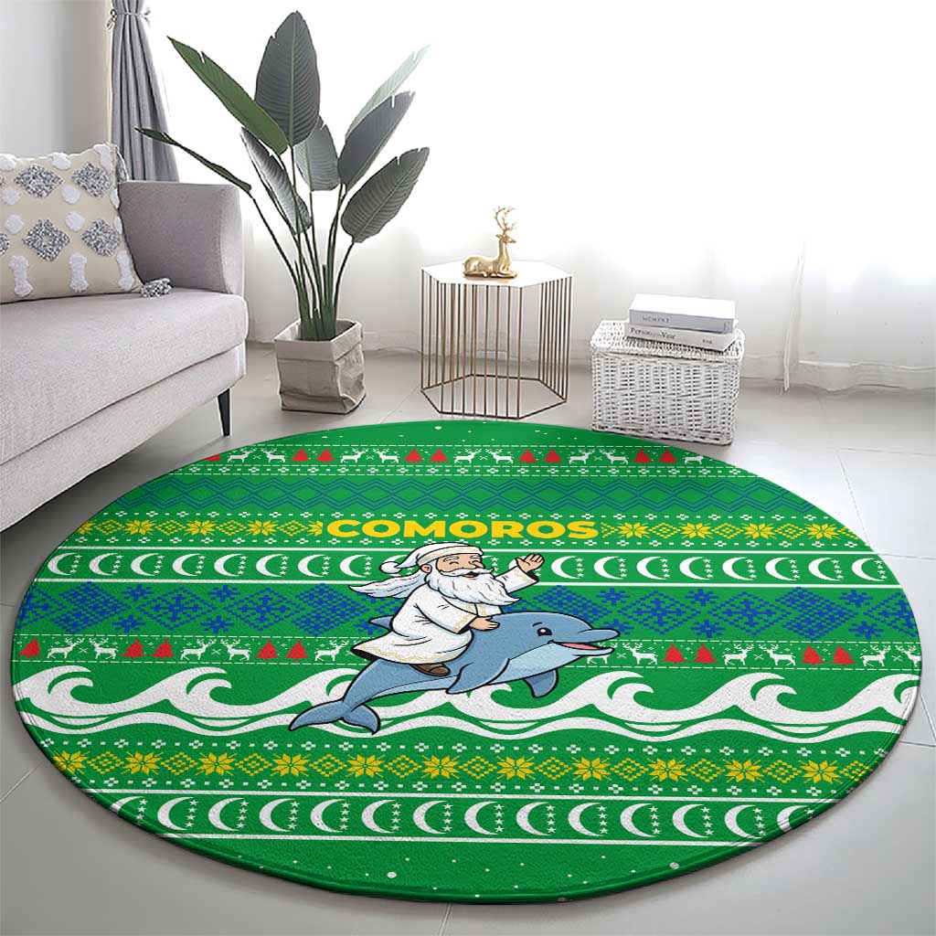 Comoros Christmas Round Carpet with Santa Riding Dolphin Ocean Waves Crescent Moon and Tribal Pattern - Wonder Print Shop