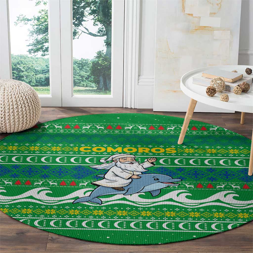 Comoros Christmas Round Carpet with Santa Riding Dolphin Ocean Waves Crescent Moon and Tribal Pattern - Wonder Print Shop