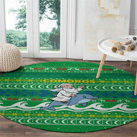 Comoros Christmas Round Carpet with Santa Riding Dolphin Ocean Waves Crescent Moon and Tribal Pattern - Wonder Print Shop