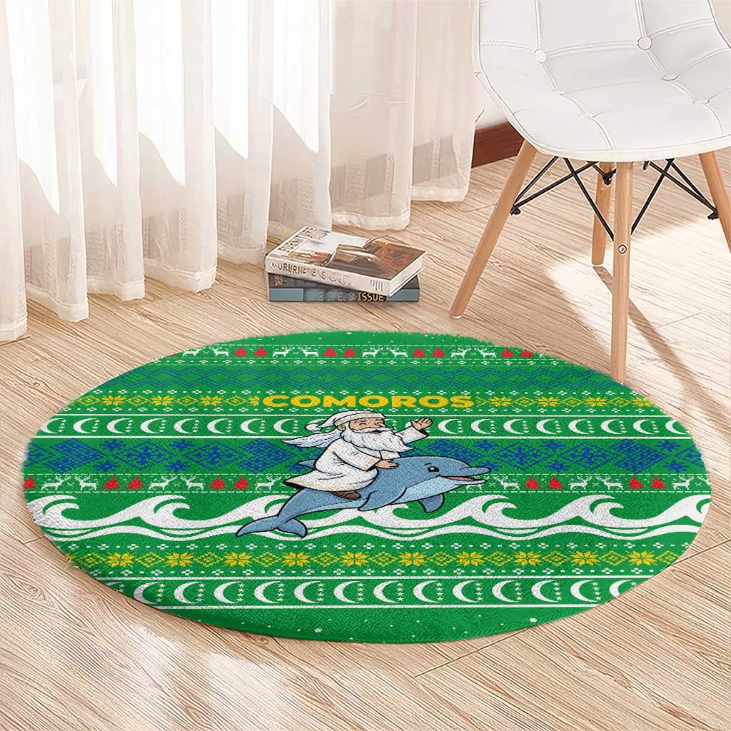 Comoros Christmas Round Carpet with Santa Riding Dolphin Ocean Waves Crescent Moon and Tribal Pattern - Wonder Print Shop
