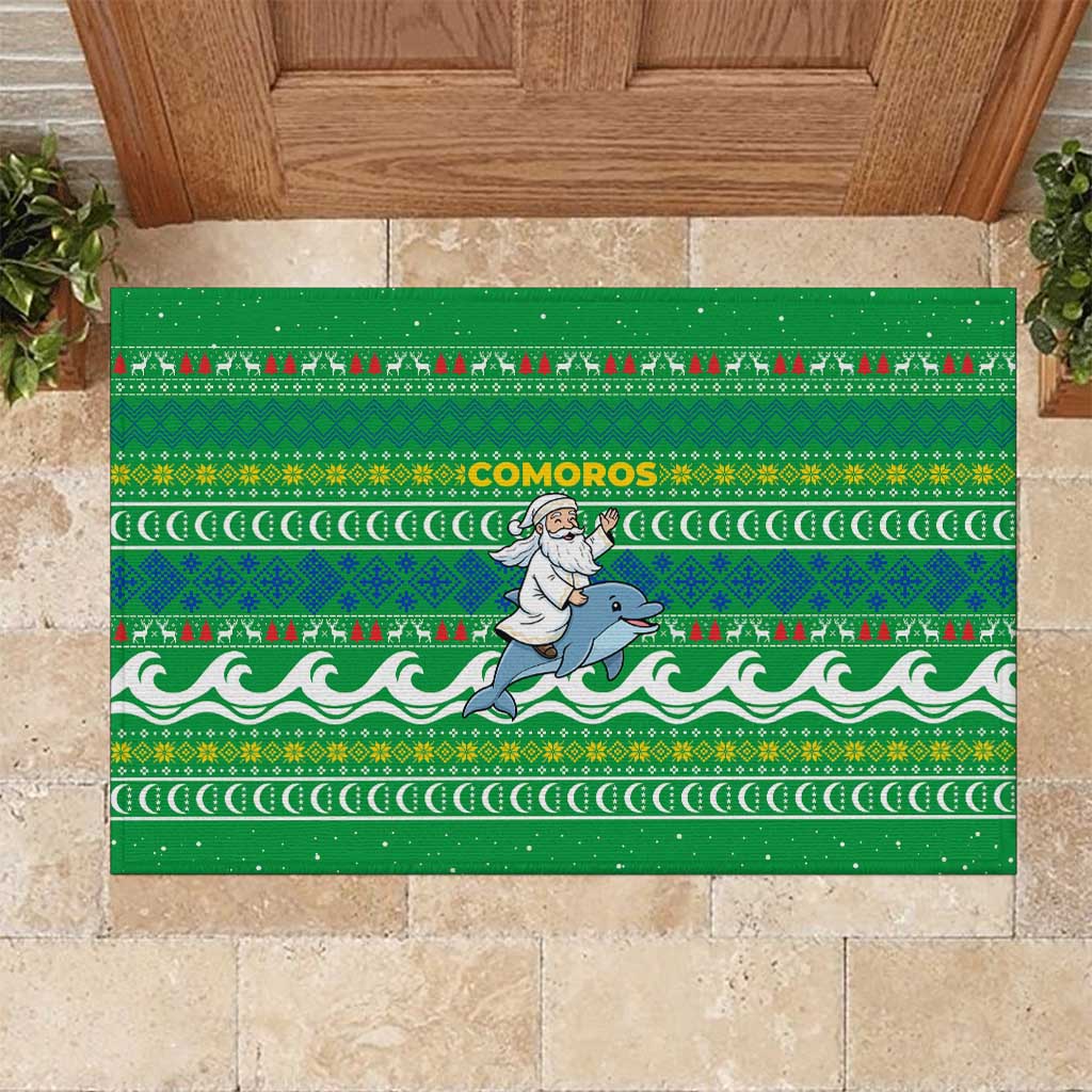 Comoros Christmas Rubber Doormat with Santa Riding Dolphin Ocean Waves Crescent Moon and Tribal Pattern - Wonder Print Shop