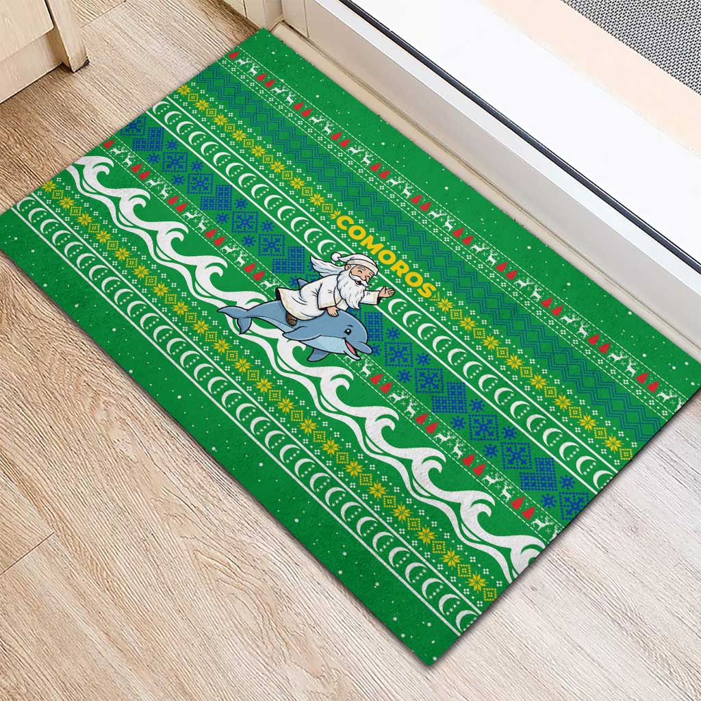 Comoros Christmas Rubber Doormat with Santa Riding Dolphin Ocean Waves Crescent Moon and Tribal Pattern - Wonder Print Shop