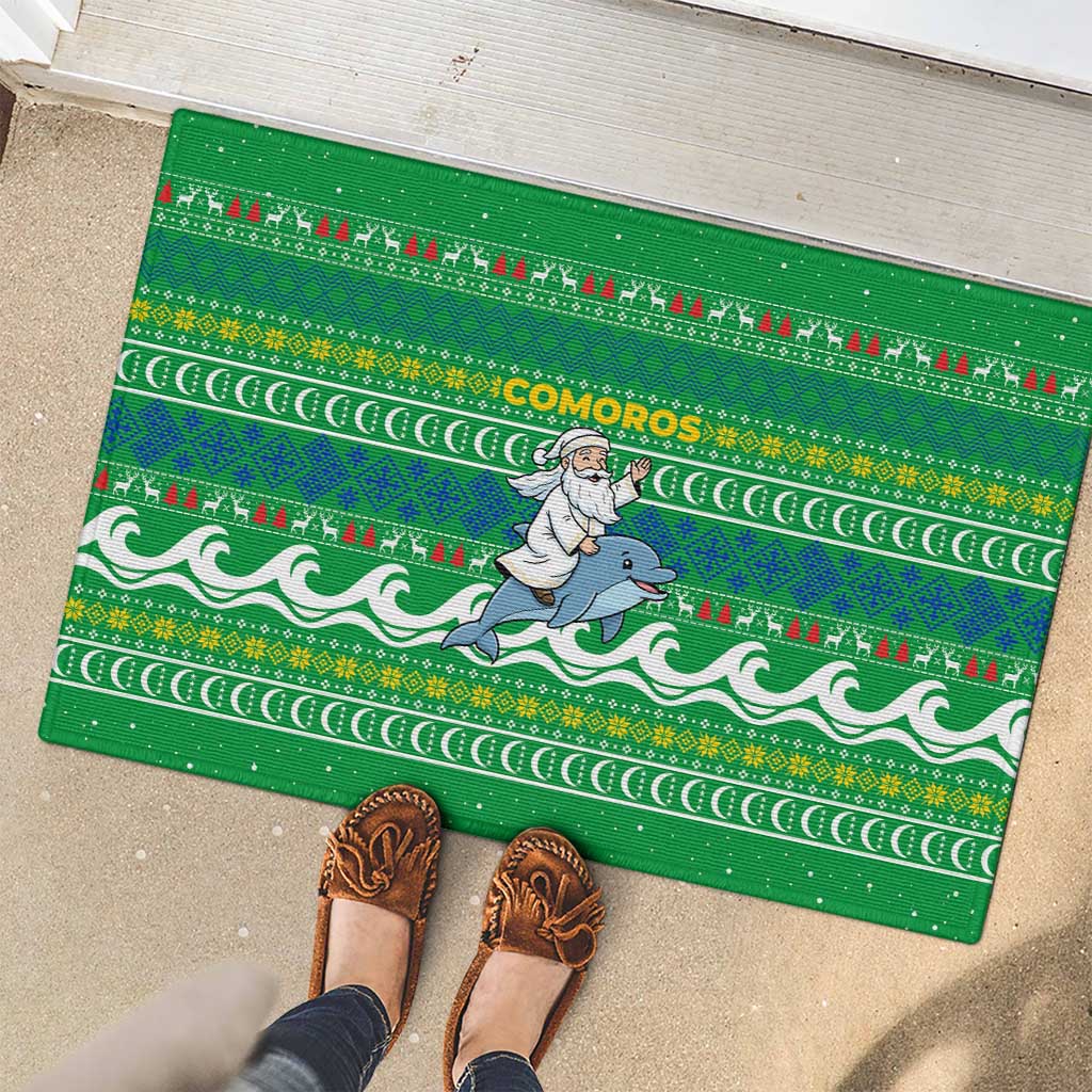 Comoros Christmas Rubber Doormat with Santa Riding Dolphin Ocean Waves Crescent Moon and Tribal Pattern - Wonder Print Shop