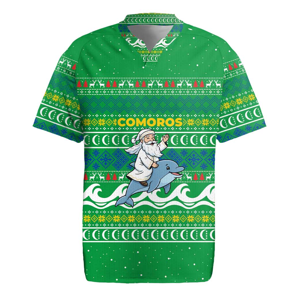 Comoros Christmas Rugby Jersey with Santa Riding Dolphin Ocean Waves Crescent Moon and Tribal Pattern - Wonder Print Shop