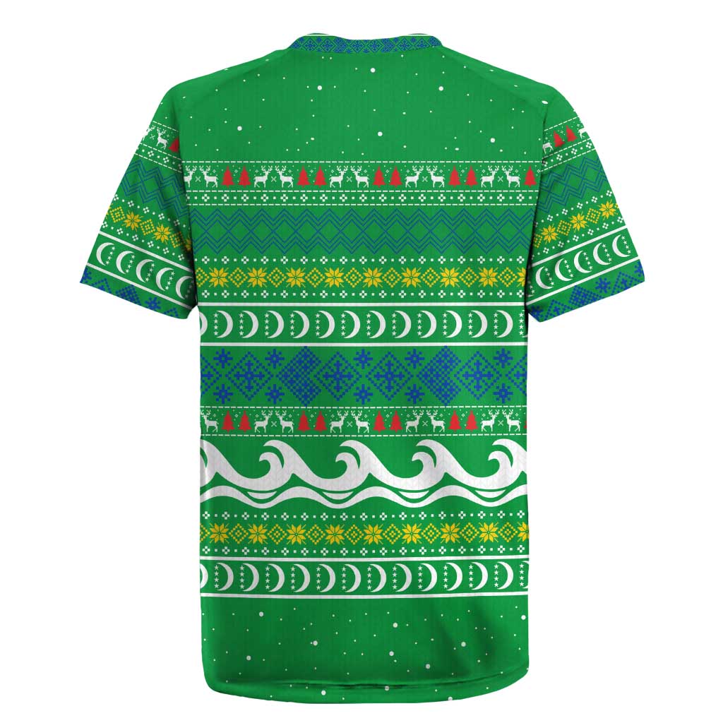 Comoros Christmas Rugby Jersey with Santa Riding Dolphin Ocean Waves Crescent Moon and Tribal Pattern - Wonder Print Shop