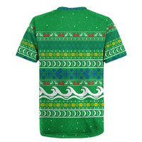 Comoros Christmas Rugby Jersey with Santa Riding Dolphin Ocean Waves Crescent Moon and Tribal Pattern - Wonder Print Shop