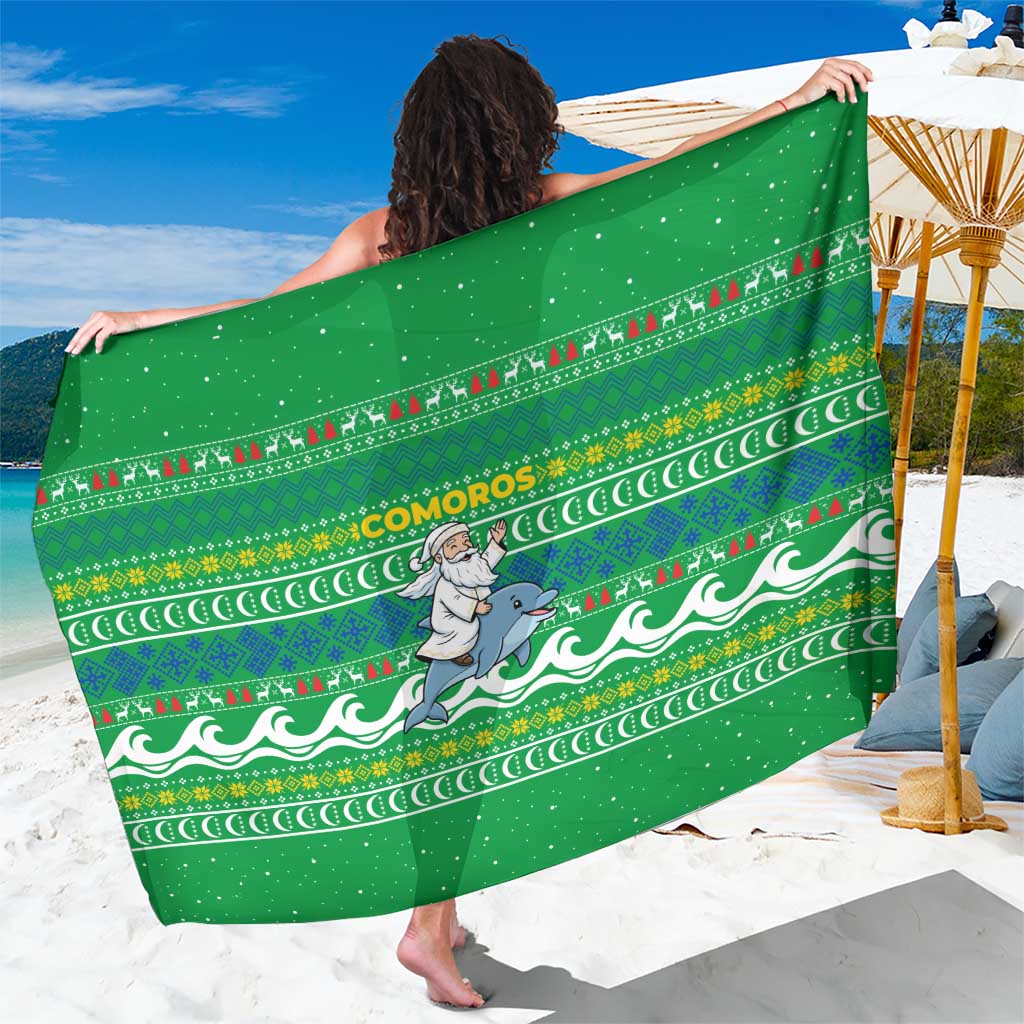 Comoros Christmas Sarong with Santa Riding Dolphin Ocean Waves Crescent Moon and Tribal Pattern - Wonder Print Shop
