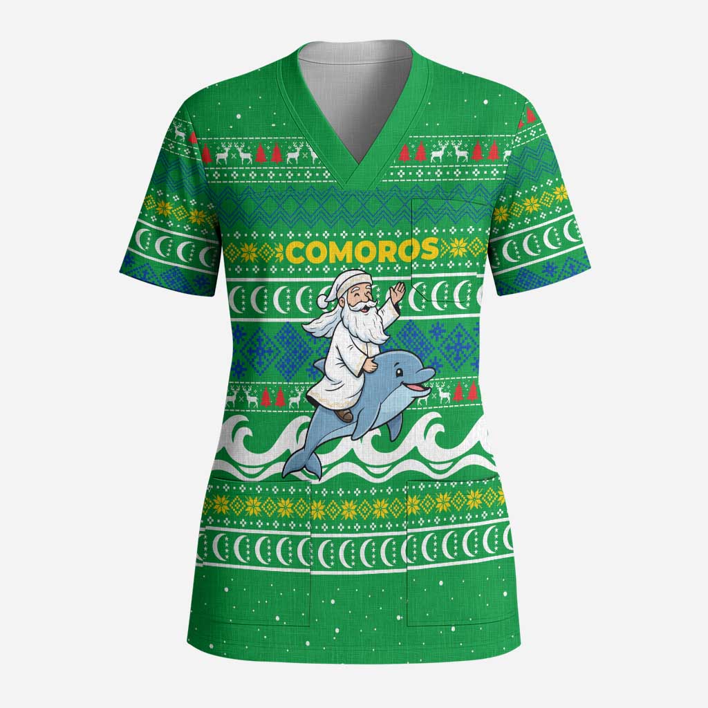 Comoros Christmas Scrub Top with Santa Riding Dolphin Ocean Waves Crescent Moon and Tribal Pattern - Wonder Print Shop