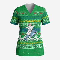 Comoros Christmas Scrub Top with Santa Riding Dolphin Ocean Waves Crescent Moon and Tribal Pattern - Wonder Print Shop