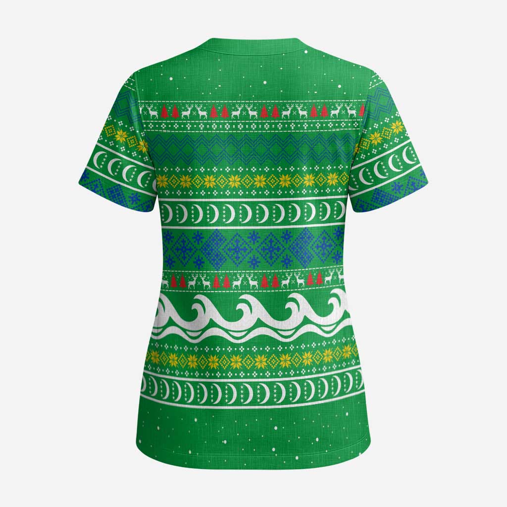 Comoros Christmas Scrub Top with Santa Riding Dolphin Ocean Waves Crescent Moon and Tribal Pattern - Wonder Print Shop