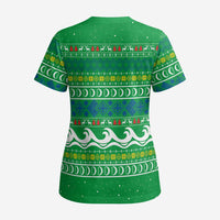 Comoros Christmas Scrub Top with Santa Riding Dolphin Ocean Waves Crescent Moon and Tribal Pattern - Wonder Print Shop
