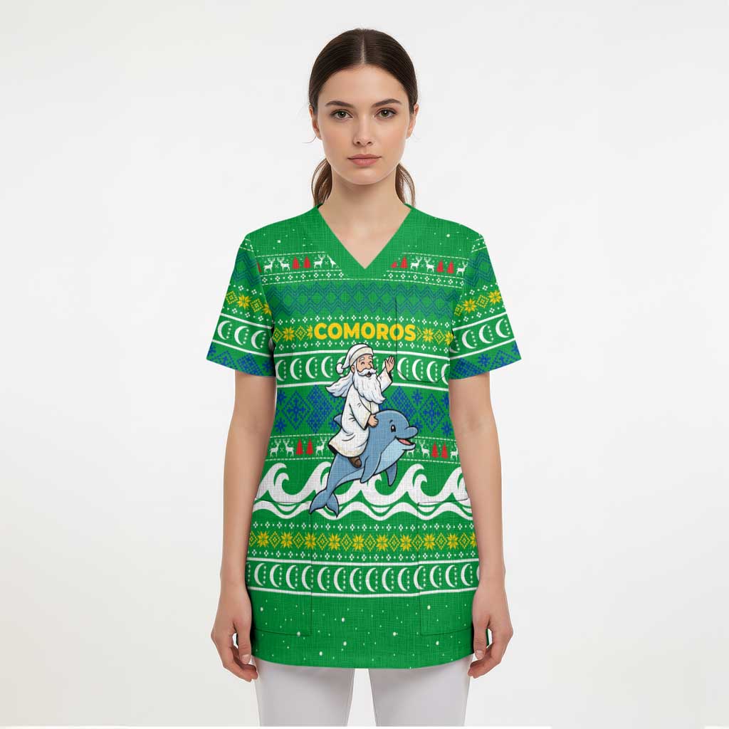 Comoros Christmas Scrub Top with Santa Riding Dolphin Ocean Waves Crescent Moon and Tribal Pattern - Wonder Print Shop