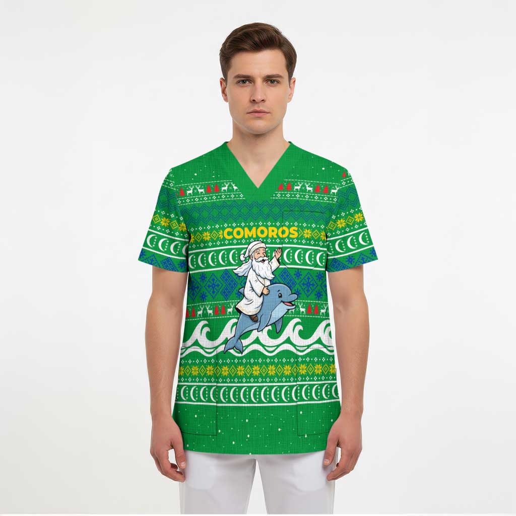 Comoros Christmas Scrub Top with Santa Riding Dolphin Ocean Waves Crescent Moon and Tribal Pattern - Wonder Print Shop