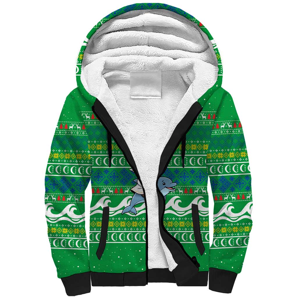 Comoros Christmas Sherpa Hoodie with Santa Riding Dolphin Ocean Waves Crescent Moon and Tribal Pattern - Wonder Print Shop