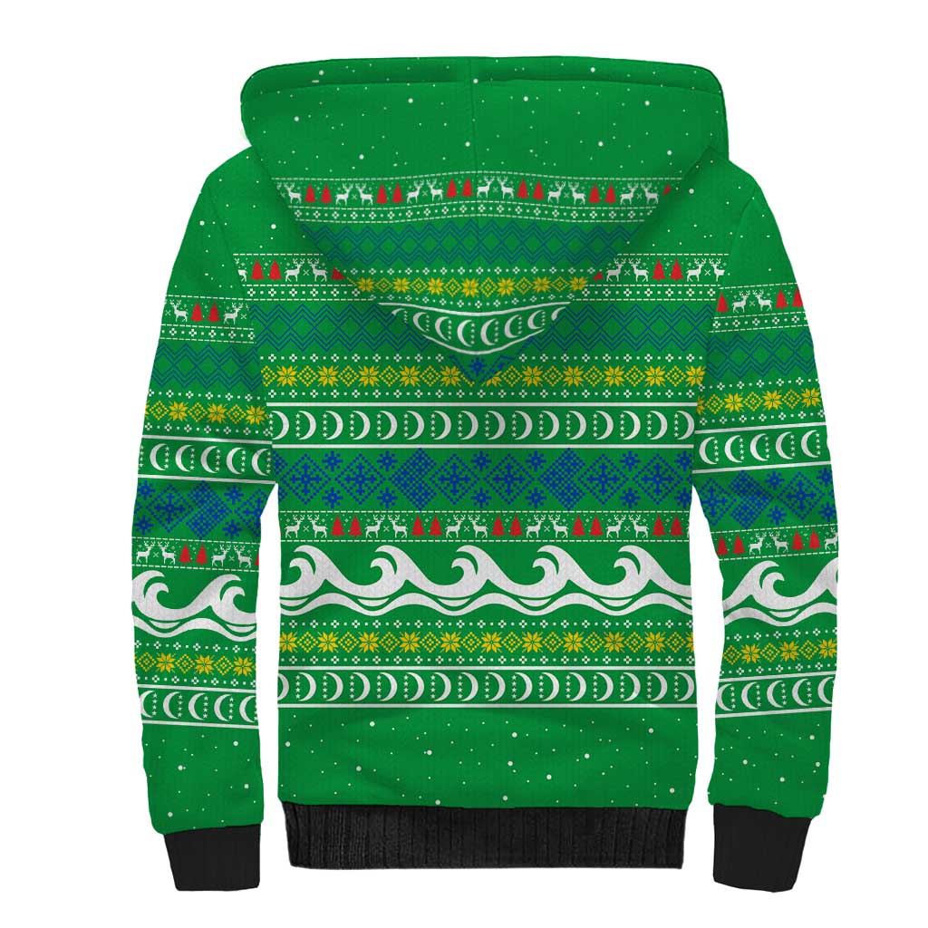 Comoros Christmas Sherpa Hoodie with Santa Riding Dolphin Ocean Waves Crescent Moon and Tribal Pattern - Wonder Print Shop