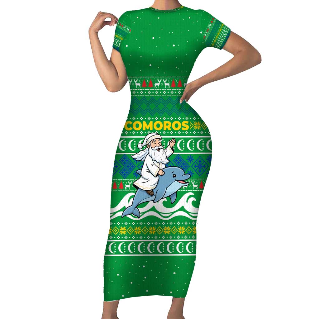 Comoros Christmas Short Sleeve Bodycon Dress with Santa Riding Dolphin Ocean Waves Crescent Moon and Tribal Pattern - Wonder Print Shop