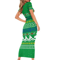 Comoros Christmas Short Sleeve Bodycon Dress with Santa Riding Dolphin Ocean Waves Crescent Moon and Tribal Pattern - Wonder Print Shop