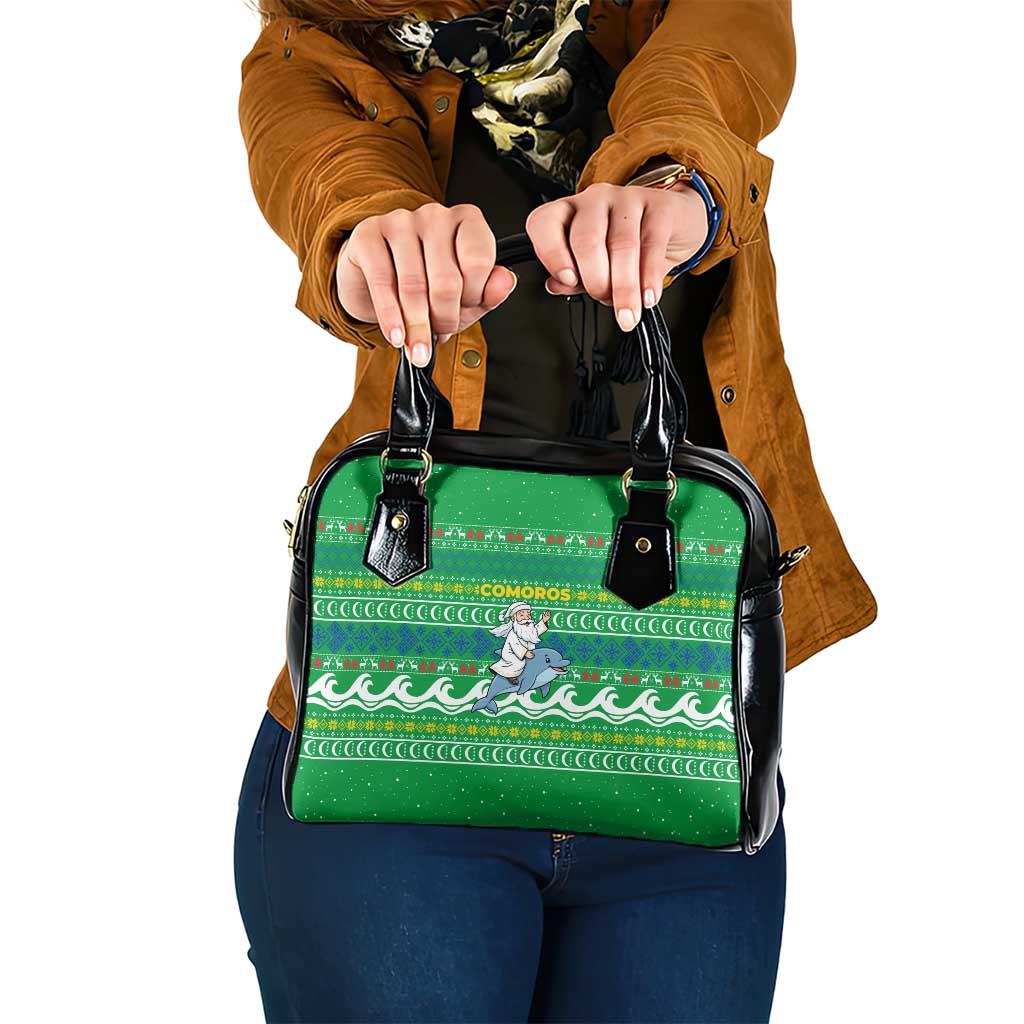 Comoros Christmas Shoulder Handbag with Santa Riding Dolphin Ocean Waves Crescent Moon and Tribal Pattern - Wonder Print Shop