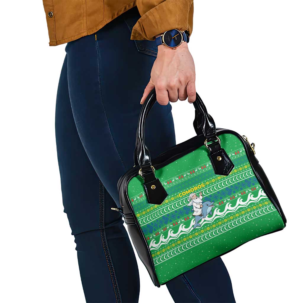 Comoros Christmas Shoulder Handbag with Santa Riding Dolphin Ocean Waves Crescent Moon and Tribal Pattern - Wonder Print Shop