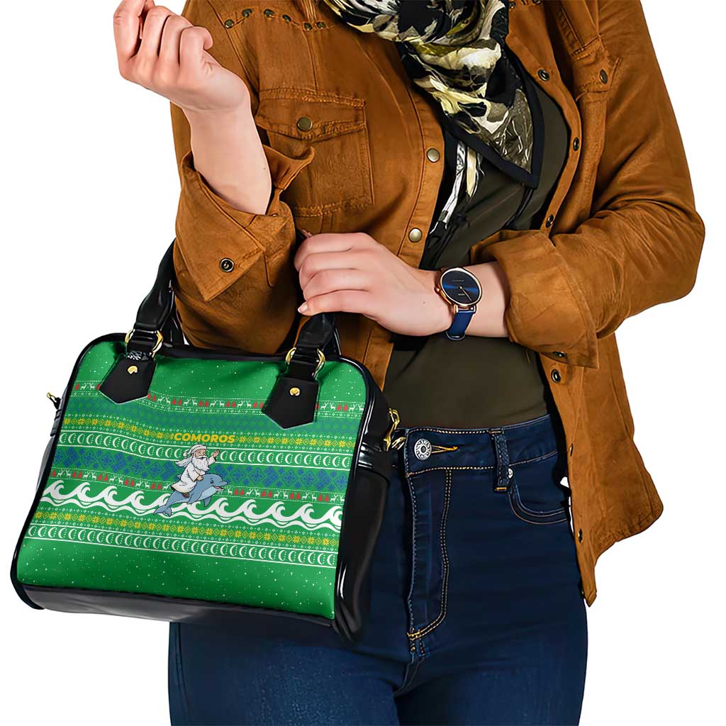 Comoros Christmas Shoulder Handbag with Santa Riding Dolphin Ocean Waves Crescent Moon and Tribal Pattern - Wonder Print Shop