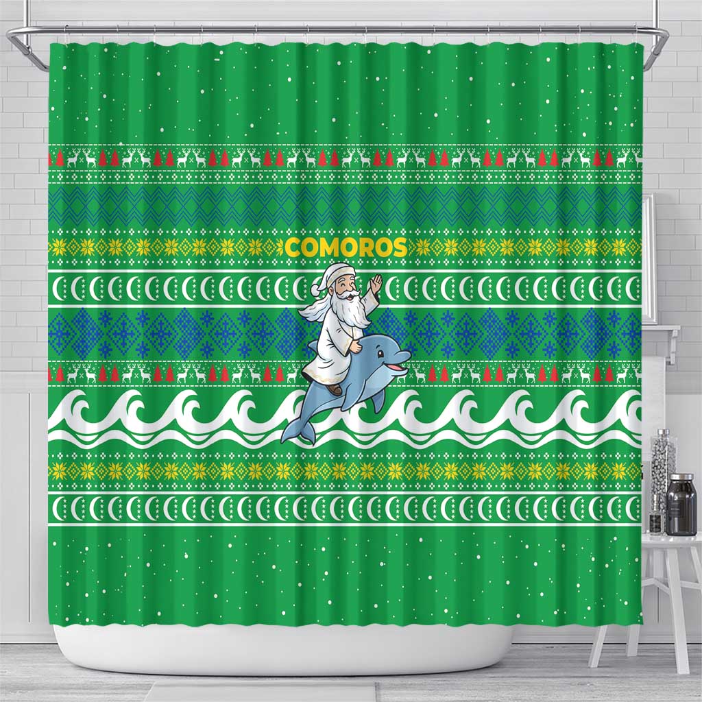 Comoros Christmas Shower Curtain with Santa Riding Dolphin Ocean Waves Crescent Moon and Tribal Pattern - Wonder Print Shop