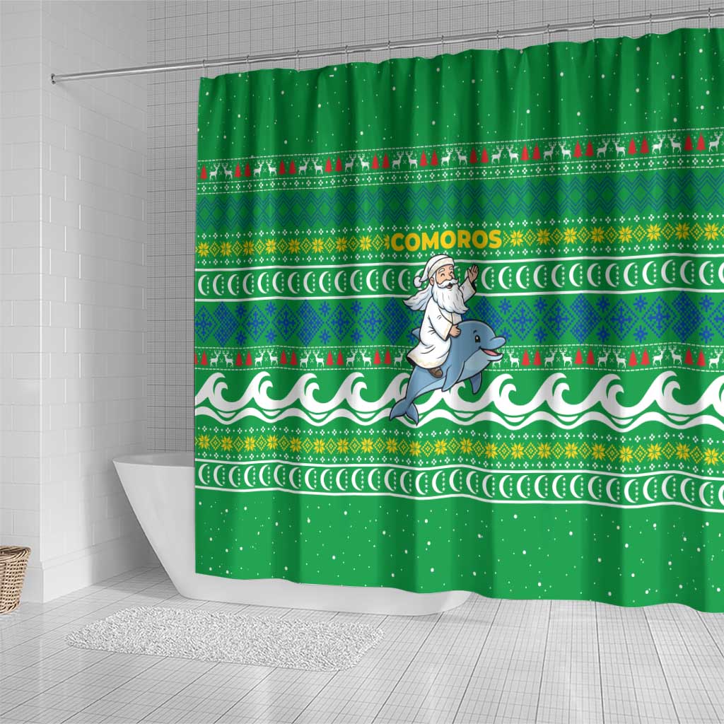 Comoros Christmas Shower Curtain with Santa Riding Dolphin Ocean Waves Crescent Moon and Tribal Pattern - Wonder Print Shop