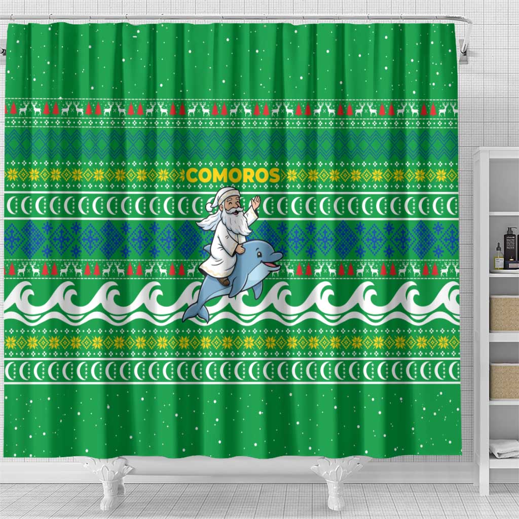 Comoros Christmas Shower Curtain with Santa Riding Dolphin Ocean Waves Crescent Moon and Tribal Pattern - Wonder Print Shop