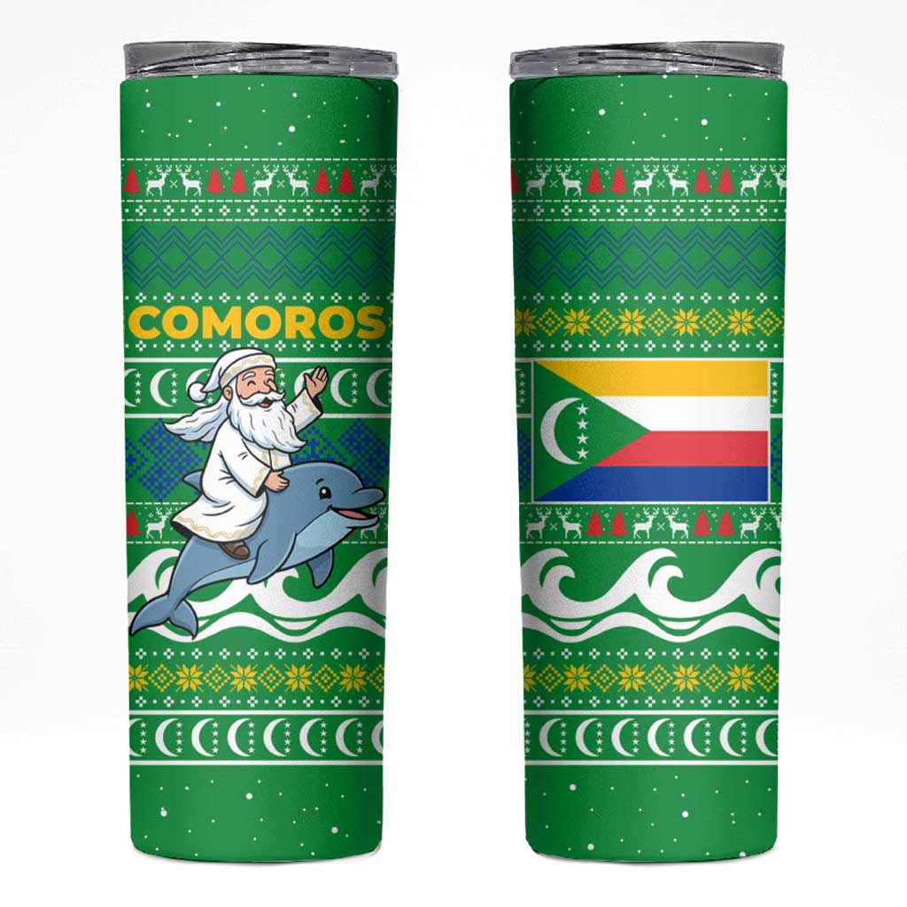 Comoros Christmas Skinny Tumbler with Santa Riding Dolphin Ocean Waves Crescent Moon and Tribal Pattern - Wonder Print Shop