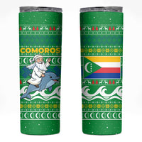 Comoros Christmas Skinny Tumbler with Santa Riding Dolphin Ocean Waves Crescent Moon and Tribal Pattern - Wonder Print Shop