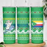 Comoros Christmas Skinny Tumbler with Santa Riding Dolphin Ocean Waves Crescent Moon and Tribal Pattern - Wonder Print Shop