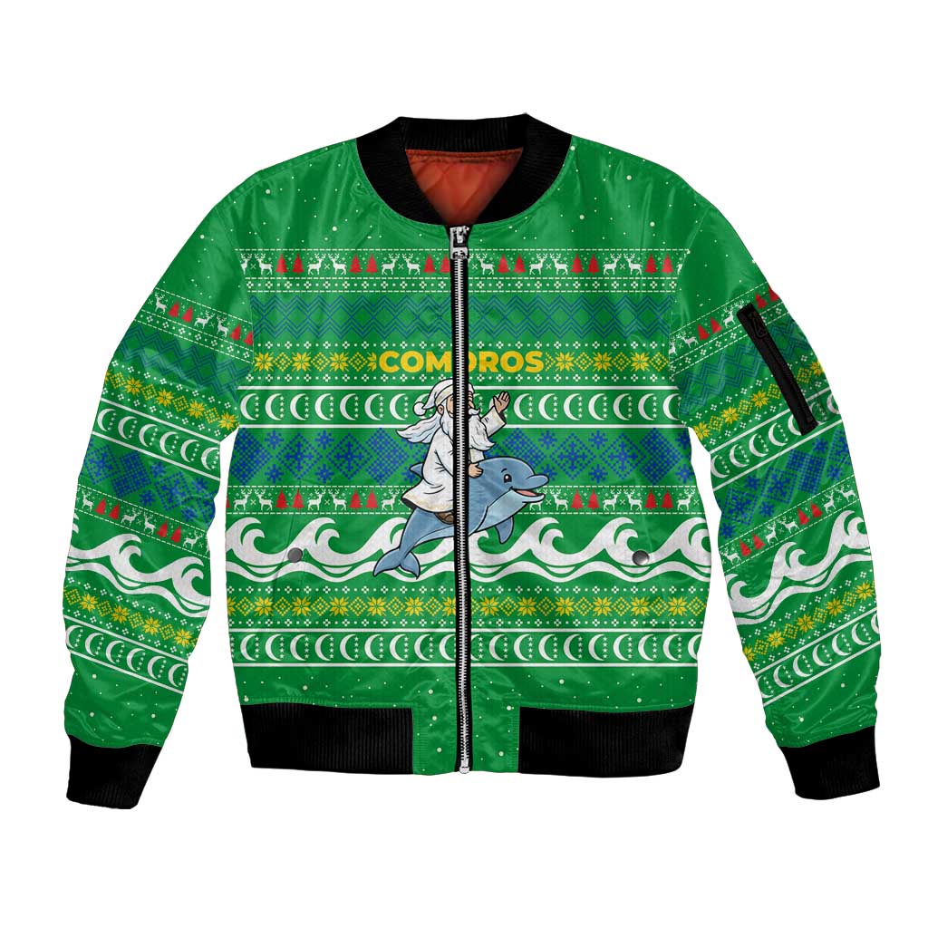 Comoros Christmas Sleeve Zip Bomber Jacket with Santa Riding Dolphin Ocean Waves Crescent Moon and Tribal Pattern - Wonder Print Shop