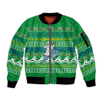 Comoros Christmas Sleeve Zip Bomber Jacket with Santa Riding Dolphin Ocean Waves Crescent Moon and Tribal Pattern - Wonder Print Shop