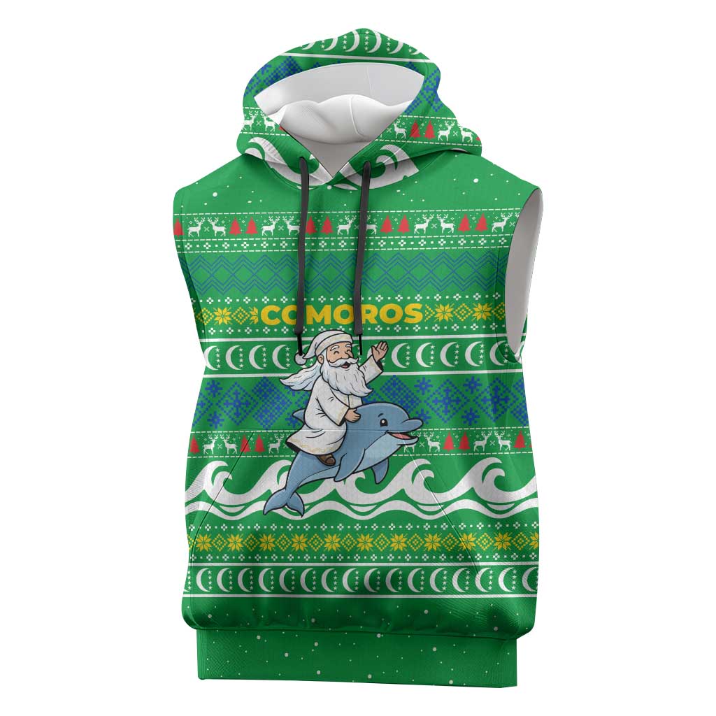 Comoros Christmas Sleeveless Hoodie with Santa Riding Dolphin Ocean Waves Crescent Moon and Tribal Pattern - Wonder Print Shop