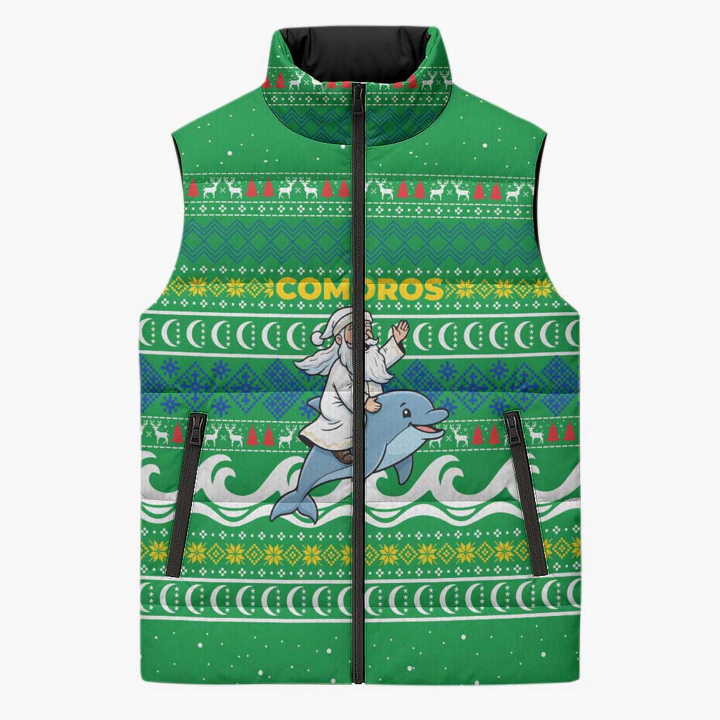 Comoros Christmas Sleeveless Puffer Jacket with Santa Riding Dolphin Ocean Waves Crescent Moon and Tribal Pattern - Wonder Print Shop