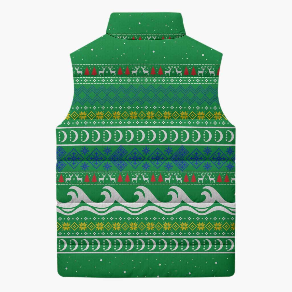 Comoros Christmas Sleeveless Puffer Jacket with Santa Riding Dolphin Ocean Waves Crescent Moon and Tribal Pattern - Wonder Print Shop