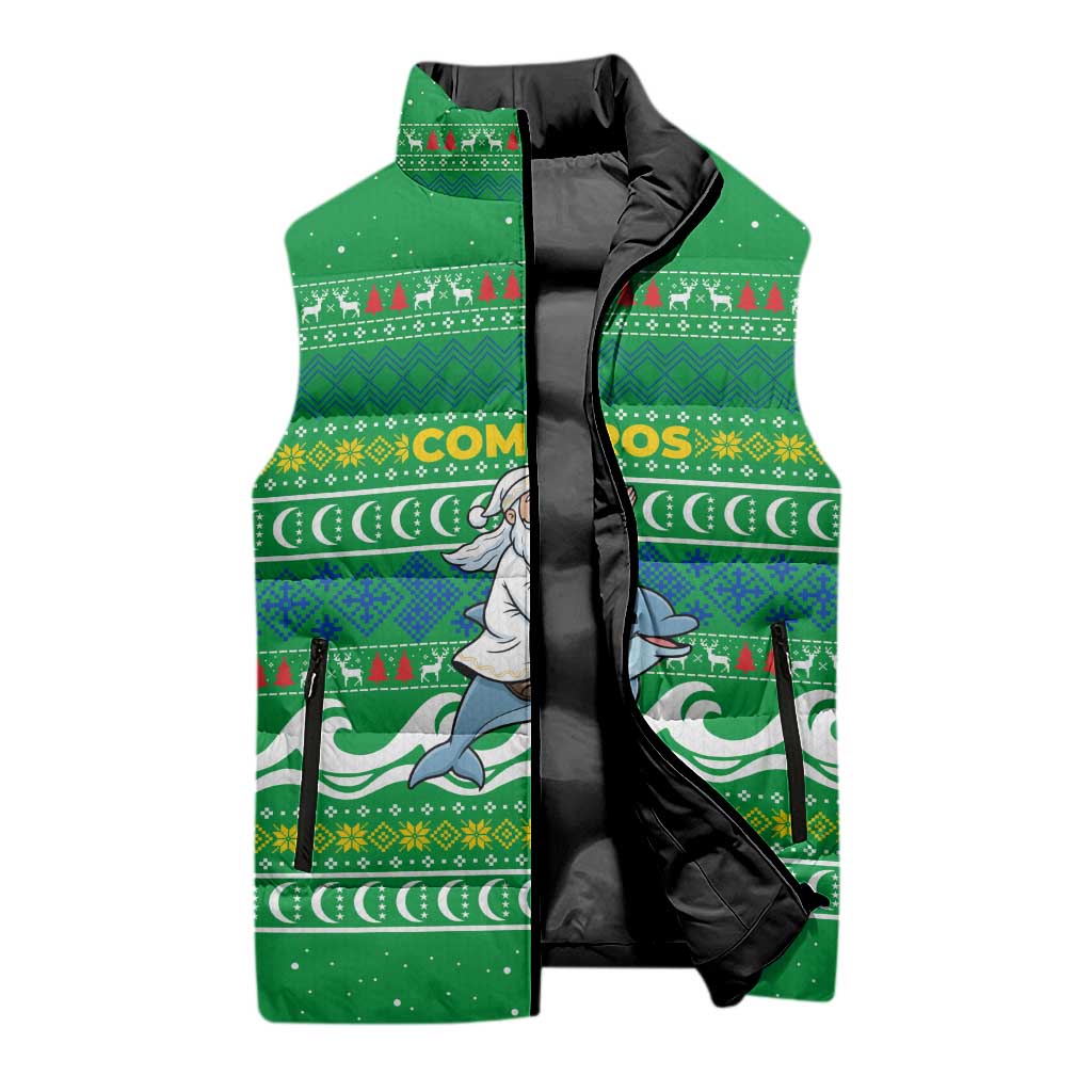Comoros Christmas Sleeveless Puffer Jacket with Santa Riding Dolphin Ocean Waves Crescent Moon and Tribal Pattern - Wonder Print Shop