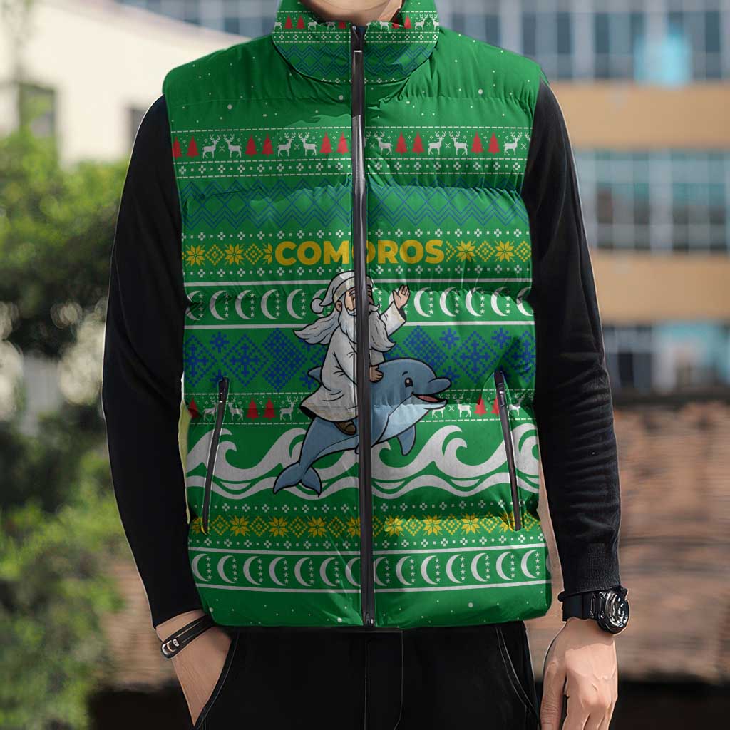 Comoros Christmas Sleeveless Puffer Jacket with Santa Riding Dolphin Ocean Waves Crescent Moon and Tribal Pattern - Wonder Print Shop