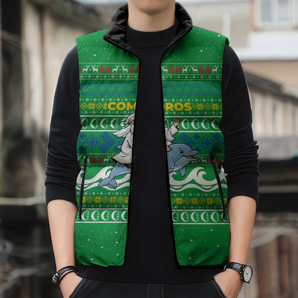 Comoros Christmas Sleeveless Puffer Jacket with Santa Riding Dolphin Ocean Waves Crescent Moon and Tribal Pattern - Wonder Print Shop