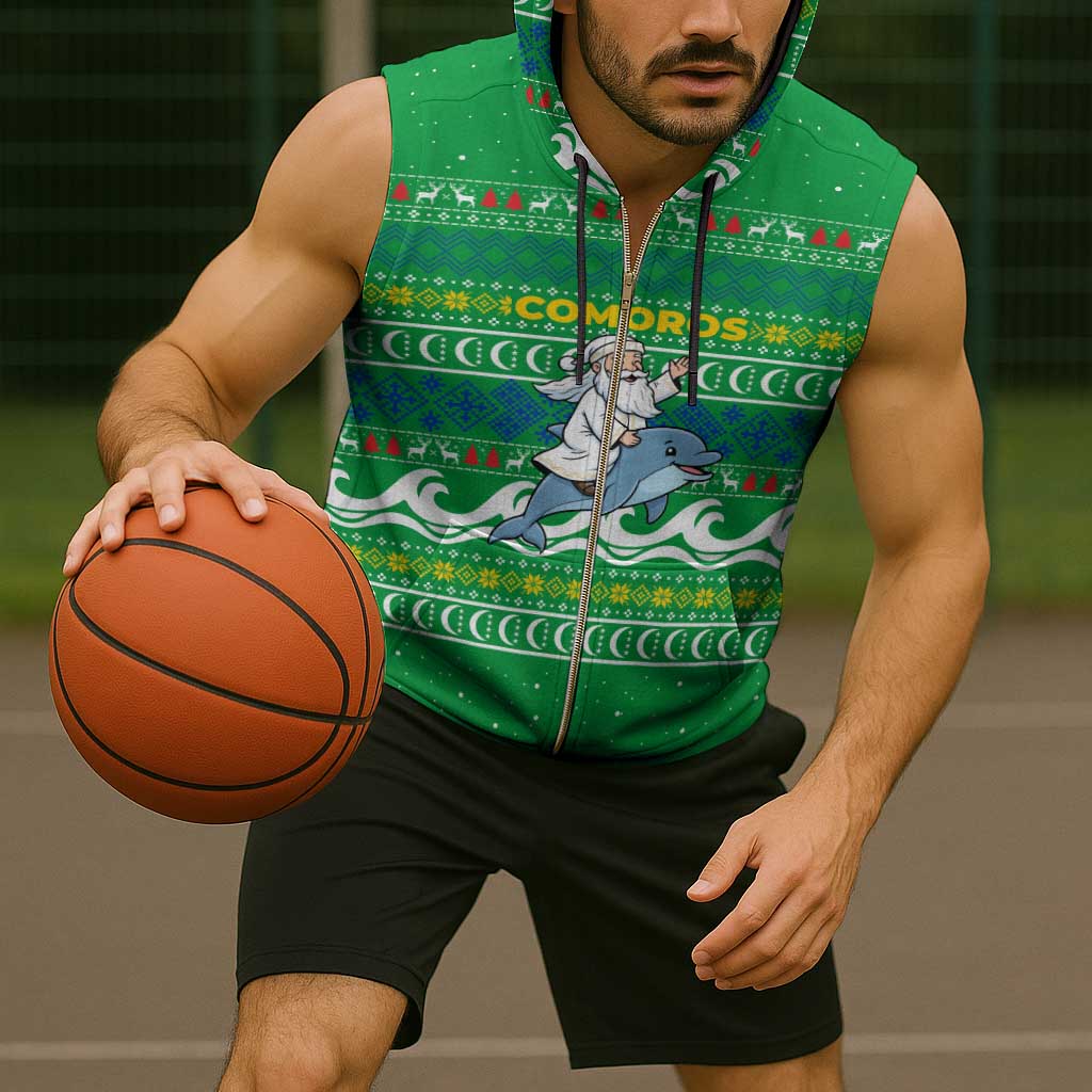 Comoros Christmas Sleeveless Zip Hoodie with Santa Riding Dolphin Ocean Waves Crescent Moon and Tribal Pattern - Wonder Print Shop