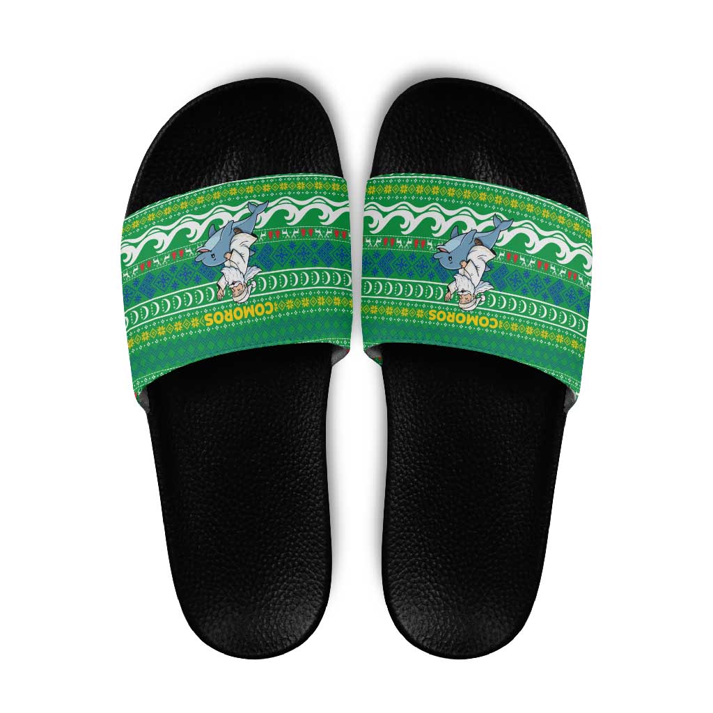 Comoros Christmas Slide Sandals with Santa Riding Dolphin Ocean Waves Crescent Moon and Tribal Pattern - Wonder Print Shop