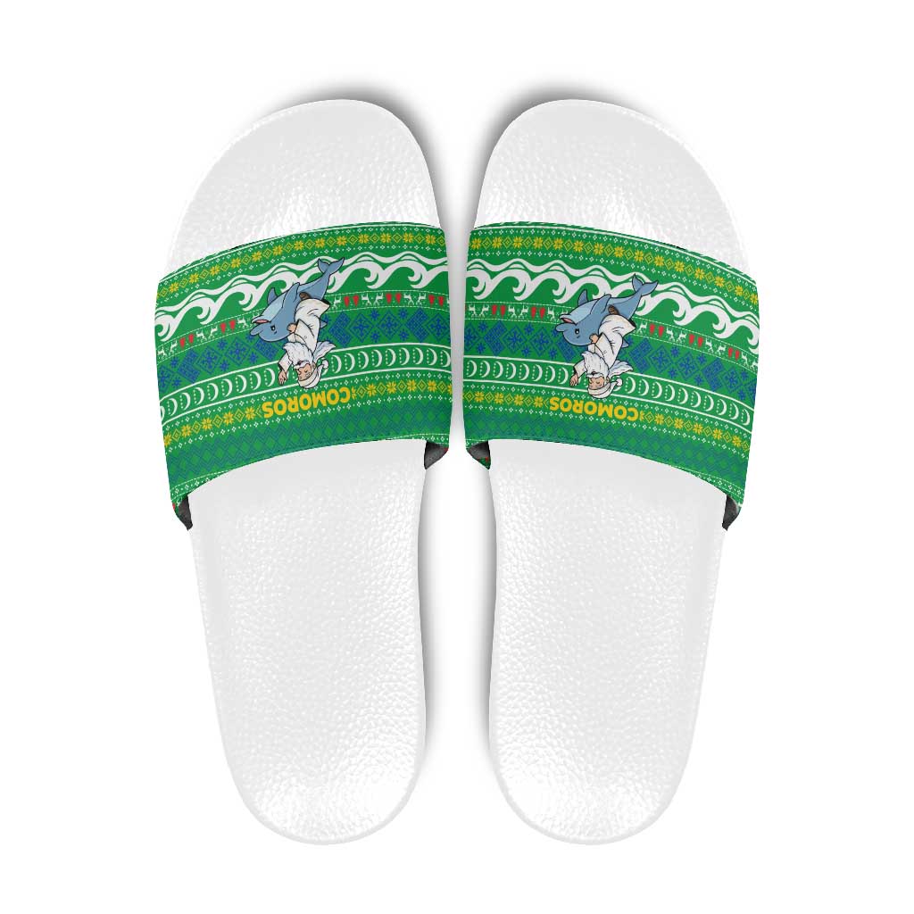 Comoros Christmas Slide Sandals with Santa Riding Dolphin Ocean Waves Crescent Moon and Tribal Pattern - Wonder Print Shop
