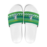 Comoros Christmas Slide Sandals with Santa Riding Dolphin Ocean Waves Crescent Moon and Tribal Pattern - Wonder Print Shop