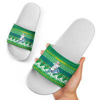 Comoros Christmas Slide Sandals with Santa Riding Dolphin Ocean Waves Crescent Moon and Tribal Pattern - Wonder Print Shop