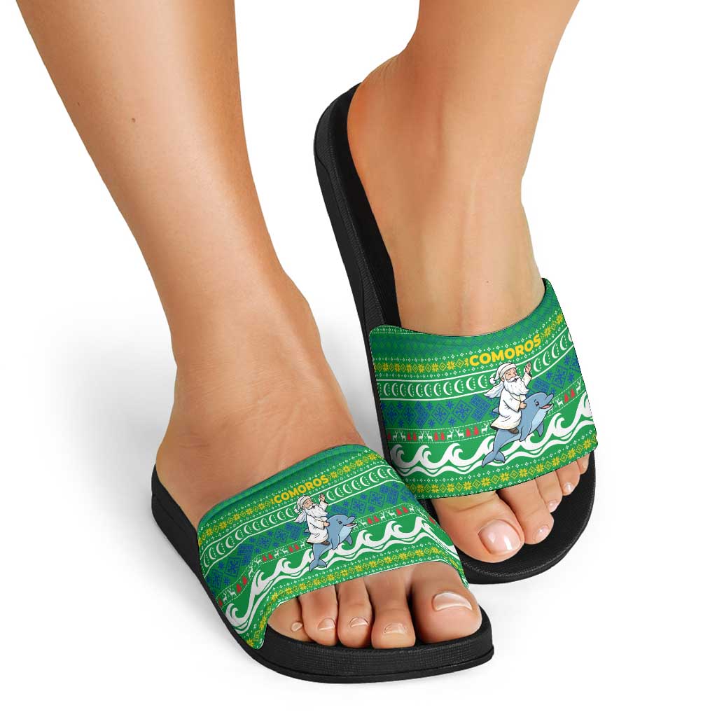 Comoros Christmas Slide Sandals with Santa Riding Dolphin Ocean Waves Crescent Moon and Tribal Pattern - Wonder Print Shop