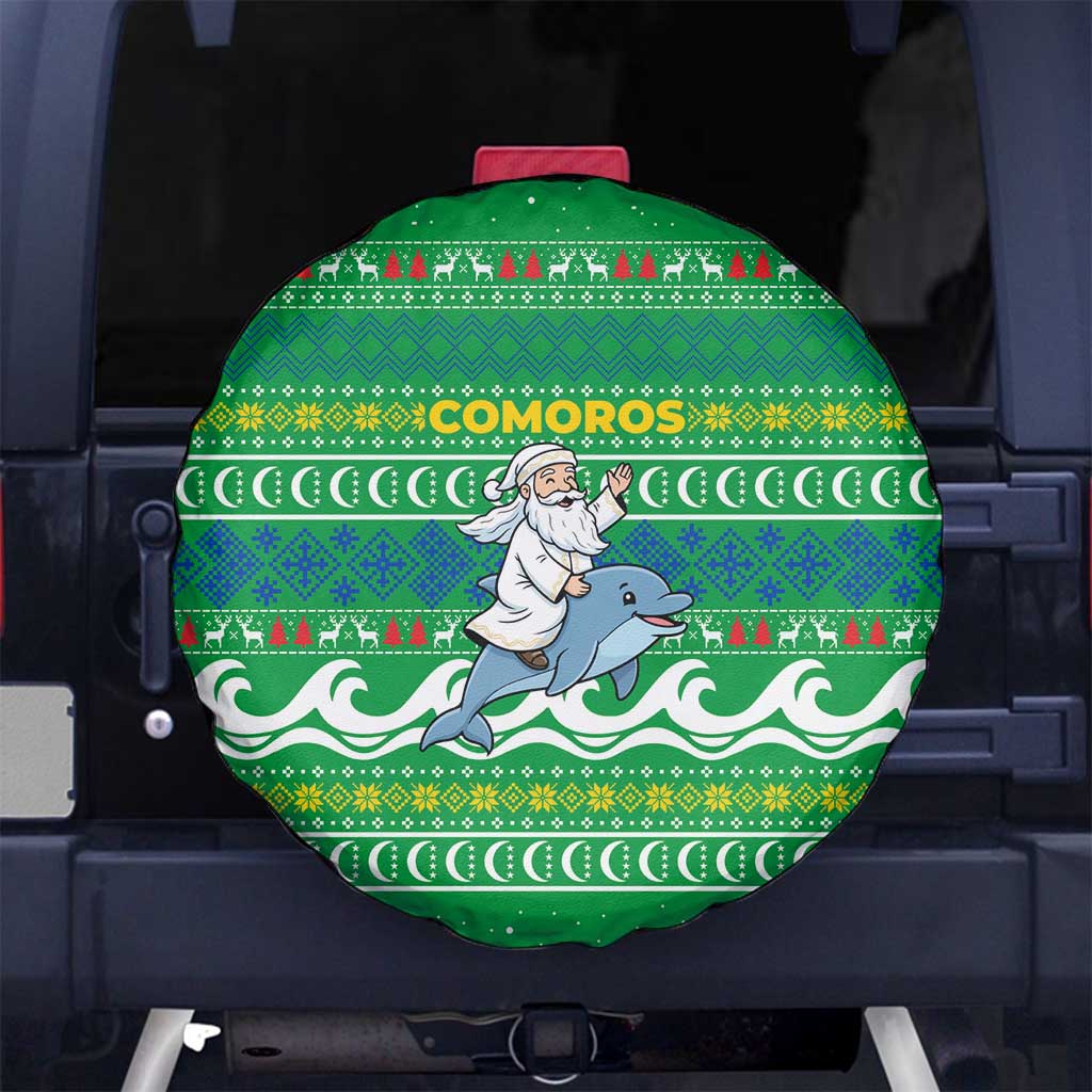 Comoros Christmas Spare Tire Cover with Santa Riding Dolphin Ocean Waves Crescent Moon and Tribal Pattern - Wonder Print Shop