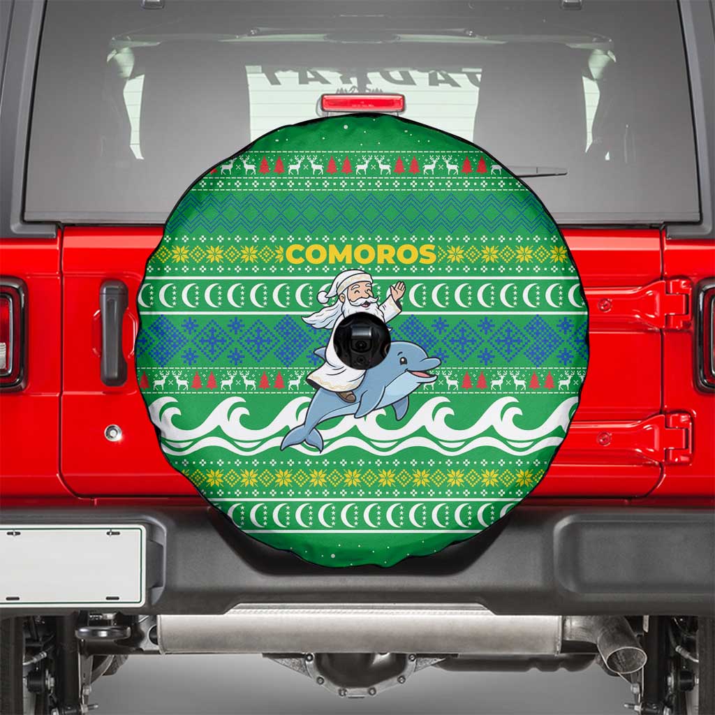 Comoros Christmas Spare Tire Cover with Santa Riding Dolphin Ocean Waves Crescent Moon and Tribal Pattern - Wonder Print Shop