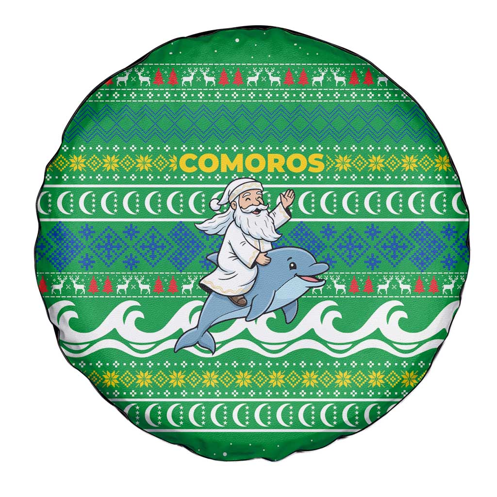 Comoros Christmas Spare Tire Cover with Santa Riding Dolphin Ocean Waves Crescent Moon and Tribal Pattern - Wonder Print Shop