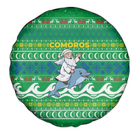 Comoros Christmas Spare Tire Cover with Santa Riding Dolphin Ocean Waves Crescent Moon and Tribal Pattern - Wonder Print Shop